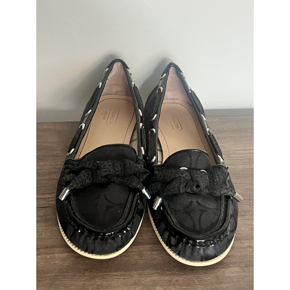 Coach Carisa Boat Shoe Loafer Black Women's Size 6.5 B Signature Monogram Bow